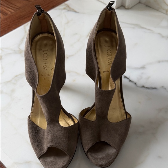 J. Crew Shoes - J. Crew Taupe Suede Open-Toe Heels